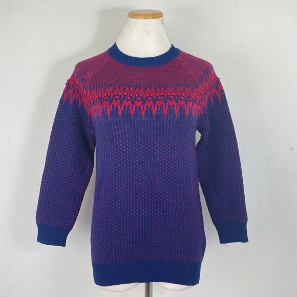 J Crew Sweater Size XS Polka Dot Merino Wool 3/4 Sleeve Blue Red Crew Neck - Picture 1 of 5